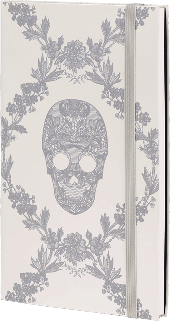 Castelli Lace Notizbuch silber, weiß, liniert, Totenkopf, Spitze