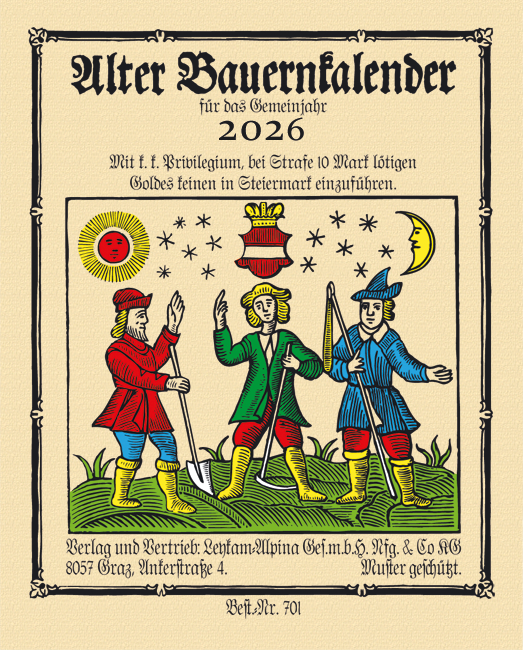 Alter Bauernkalender mit traditionellen Heiligenbildern im Holzschnitt-Stil, offen aufgeklappt, mit Mondphasen und Wetterprognosen