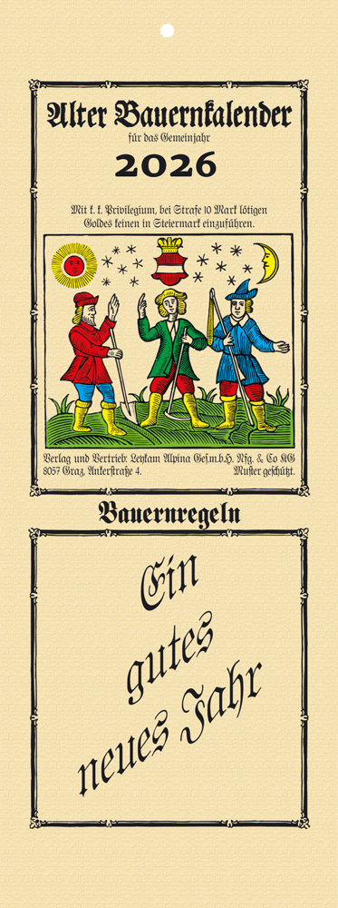 Alter Bauernkalender mit traditionellen Heiligenbildern im Holzschnitt-Stil, mit Mondphasen und Wetterprognosen