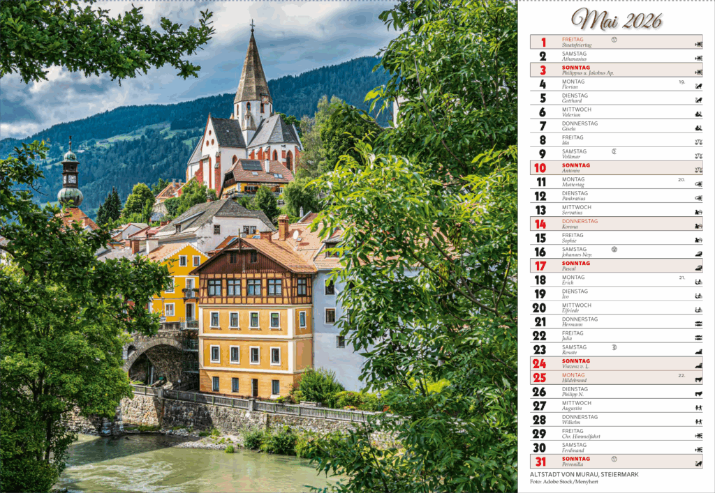 Wandkalender mit Landschaft aus Österreich und Kalendarium für 2026