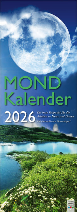 Mondkalender mit Landschaft aus Österreich und Kalendarium für 2026